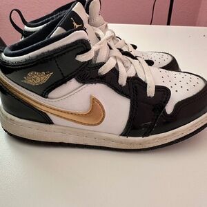Jordan 1 Mid Patent Black White Gold (PS) - Size 10C - Kids' Sneakers